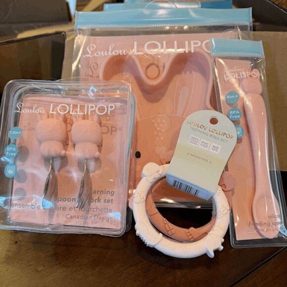 NWT Loulou Lollipop Pink Bunny Feeding Set Infant / Toddler - Picture 1 of 9